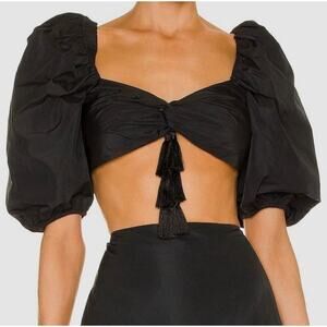 Alexis Black Orla Puff-Sleeve Tassel Crop Top Size Small